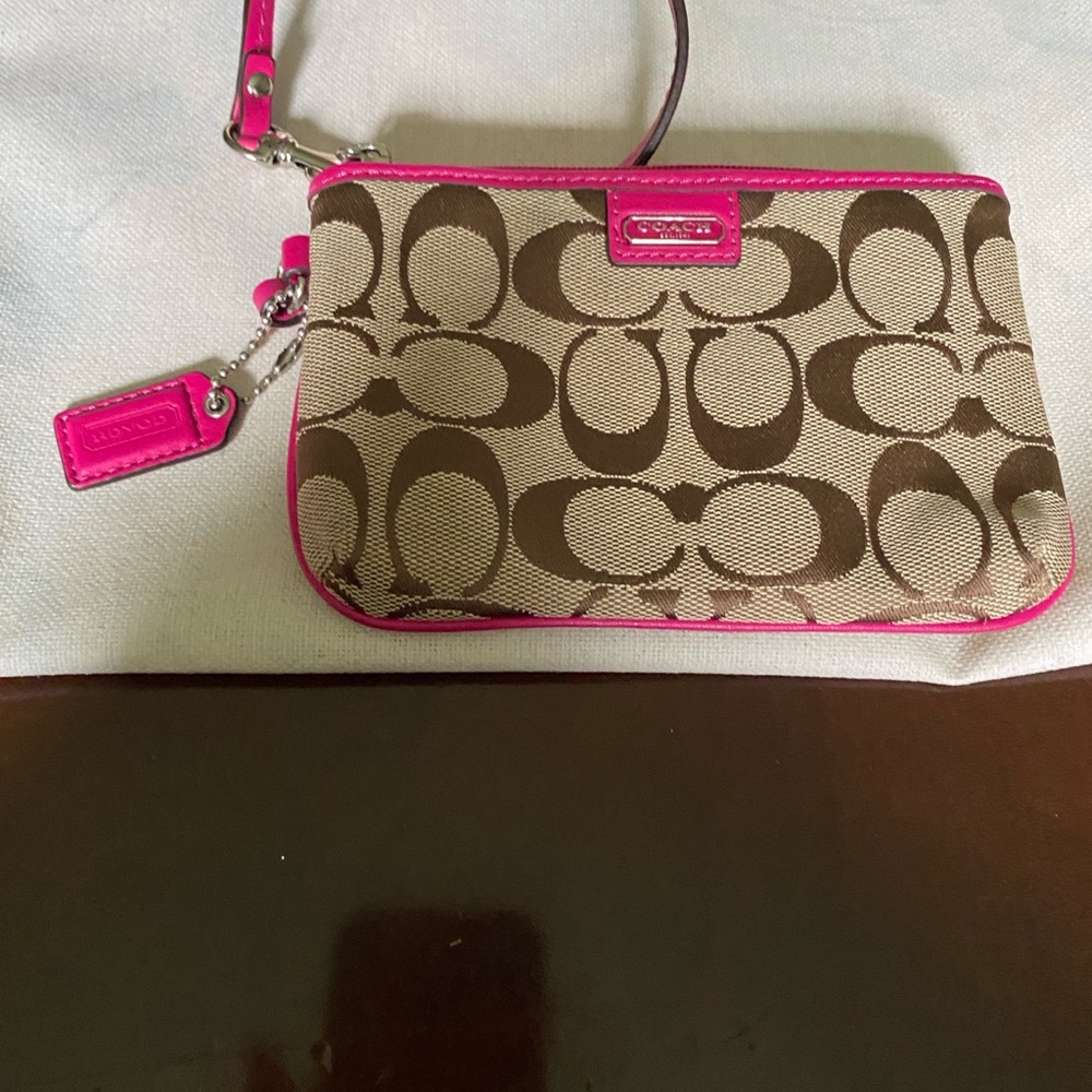 Coach Brown Signature Canvas Wristlet with Hot Pink Trim